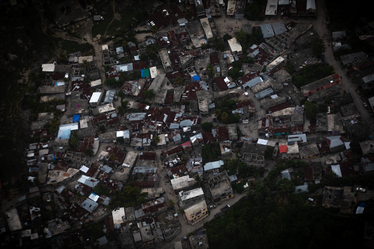 Aerial view of a community from a UH-72 helicopter of the Puerto Rico Army National Guard Aviation, Haiti, Aug. 25, 2021.
