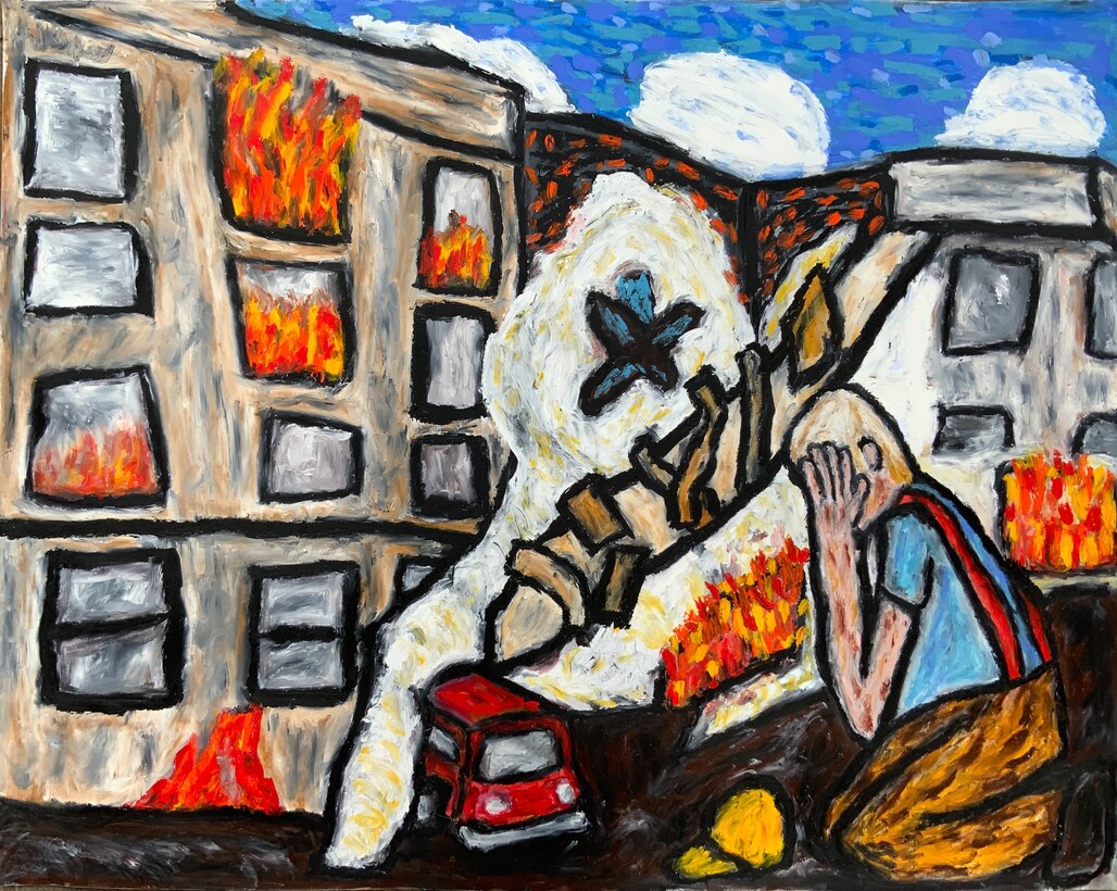 A painting showing a fireman kneeling outside of a burning building.