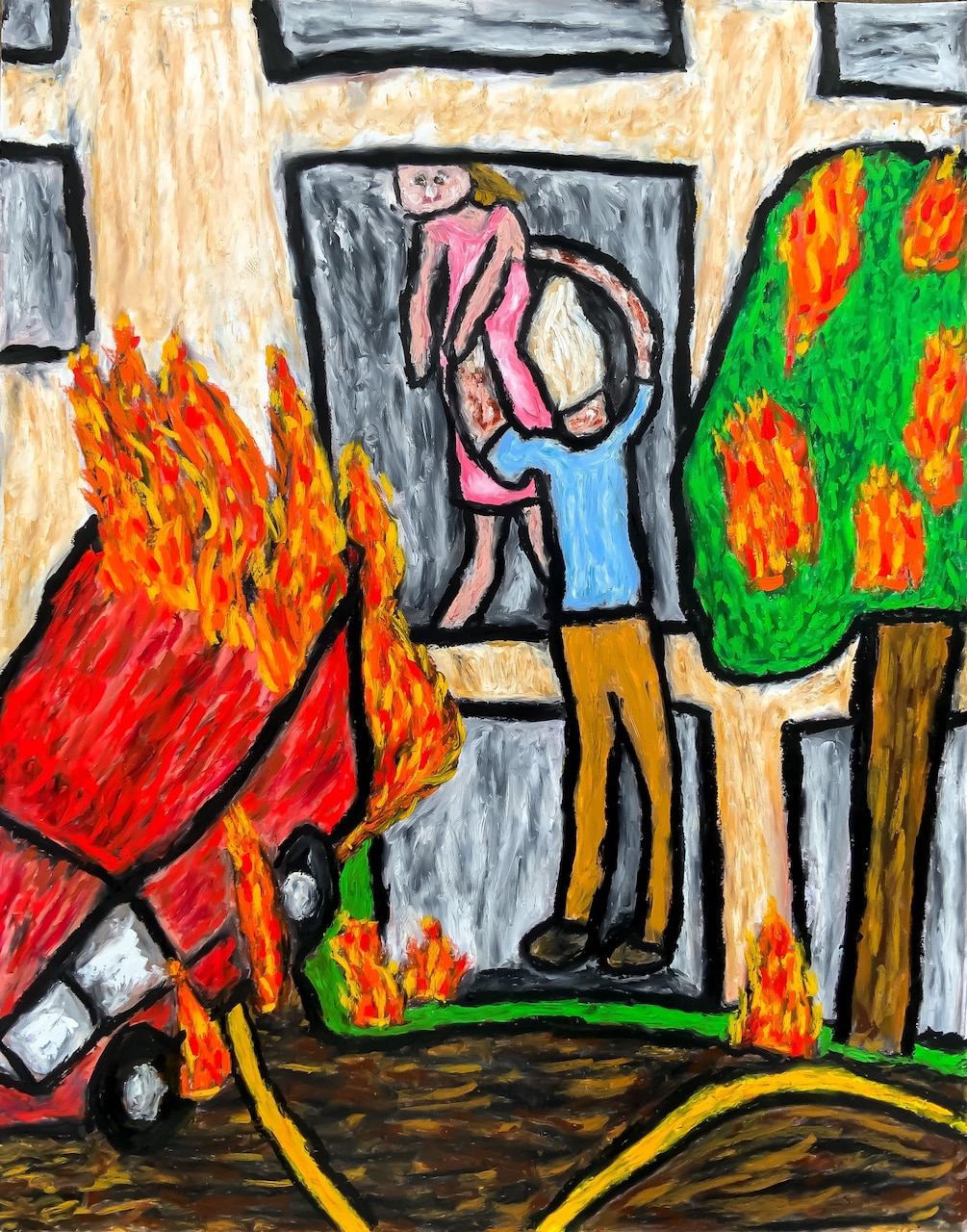 A painting that shows a person helping a woman out of a window.