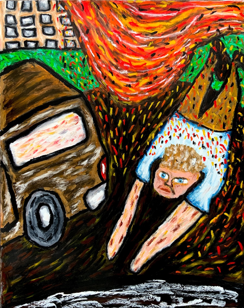 A painting depicting a person diving below fire.