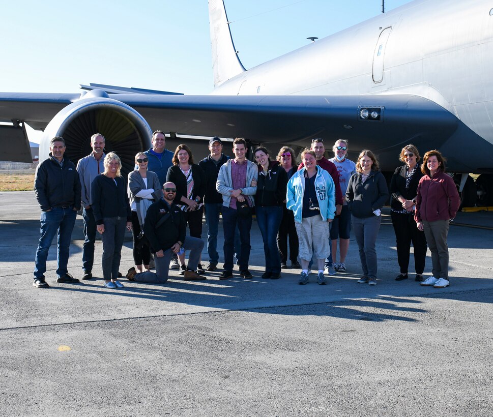 Local teachers pose for a photo in front of a KC-135 Stratotanker prior to takeoff during a teacher orientation flight on Fairchild Air Force Base, Washington, Aug. 24, 2021. The teacher orientation flight showcased Fairchild’s mission to local educators, strengthening the partnership between local schools and the base. (U.S. Air Force photo by Senior Airman Kiaundra Miller)