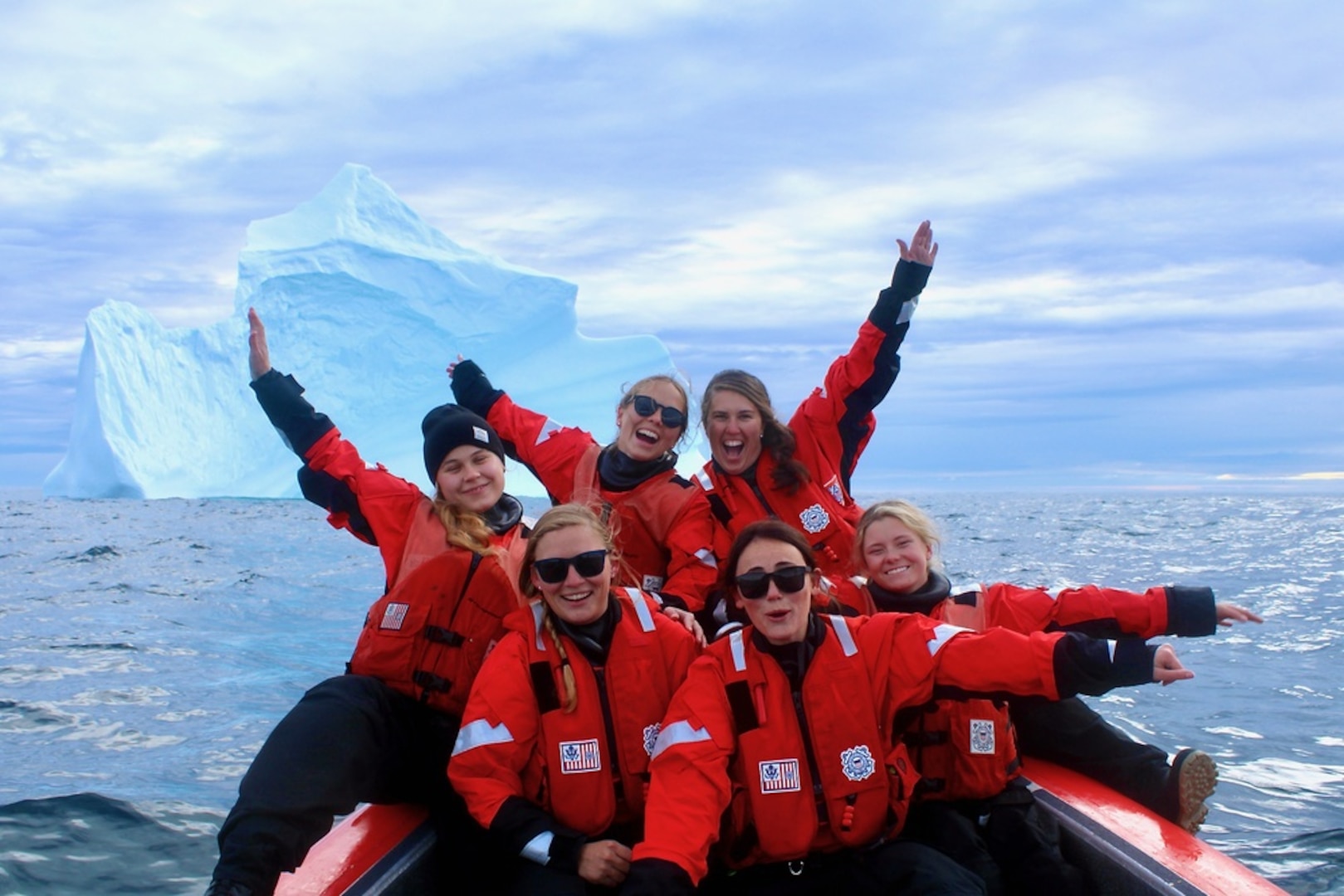 A Coast Guard Cutter Richard Snyder small boat crew takes a moment for a photo in the Davis Strait Aug. 13, 2021. Snyder worked alongside Coast Guard Cutter Escanaba the Royal Canadian Navy's HMCS Harry Dewolf and HMCS Goose Bay in Operation Nanook to enhance collective abilities to respond to safety and security issues in the High North through air and maritime presence activities, maritime domain defense, and security exercises. Top Row (left to right): Petty Officer 2nd Class Constance Jennings, Ensign Charlotte Braman, Petty Officer 2nd Class Danielle Wilson. Bottom Row (left to right): Petty Officer 2nd Class Courtney Swink, Ensign Emma Compagnoni, Petty Officer 2nd Class Gayle Buchanan (U.S. Coast Guard photo by USCGC Richard Snyder)