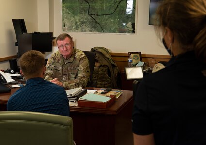 Maj. Gen. Greg Knight, Vermont's adjutant general, prepares for an interview with NECN's Jack Thurston Aug. 26, 2021, at Camp Johnson, Vermont. Knight answered questions regarding the presence of a contingent of Soldiers from the 3rd Battalion, 172nd Infantry (Mountain), 86th Brigade Combat Team (Mountain) in Kabul, Afghanistan, to support Operation Allies Refuge, an effort to evacuate U.S. forces and at-risk Afghans from the country. (U.S. Army National Guard photo by Don Branum)