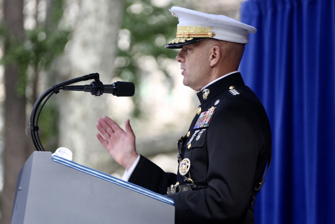 Commandant of the Marine Corps Gen. David H. Berger speaks during the Veterans Day Parade ceremony in New York City, N.Y., Nov. 11, 2019. Gen. Berger spoke to veterans, active duty service members, and guests before serving as an honorary grand marshal of the parade.