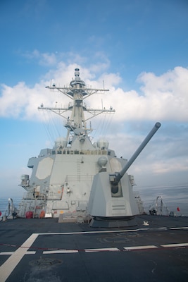 TAIWAN STRAIT (Aug. 27, 2021) Arleigh-burke class guided-missile destroyer USS Kidd (DDG 100) transits the Taiwan Strait during a routine transit, Aug. 27. Kidd is deployed supporting Commander, Task Force (CTF) 71/Destroyer Squadron (DESRON) 15, the Navy’s largest forward-deployed DESRON and U.S. 7th Fleet’s principal surface force.