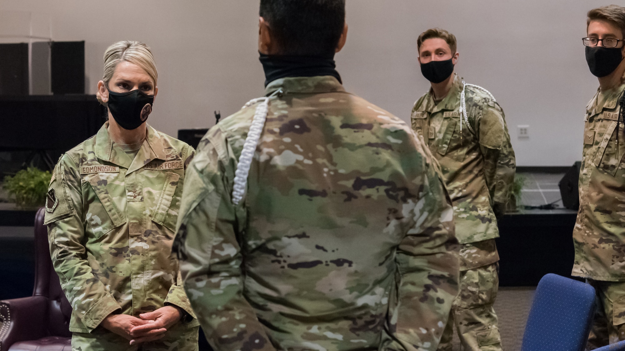 Maj. Gen. Michele C. Edmondson, left, 2nd Air Force commander, talks with Chapel White Ropes