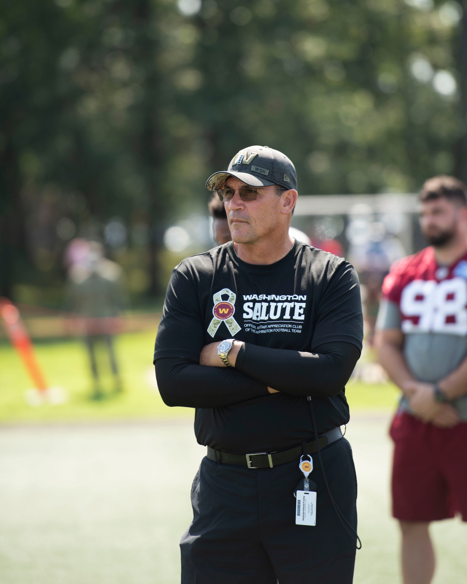 The Washington Football Team holds a preseason practice at the Tactical Fitness Center field, Aug. 27, 2021, Joint Base Andrews, Maryland.