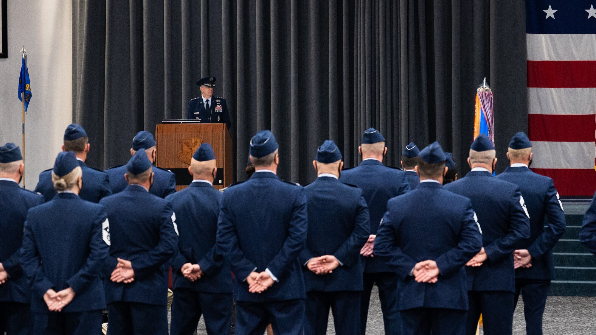 Gen. Timothy Ray, outgoing Air Force Global Strike Command commander, makes remarks during the AFGSC change of command ceremony at Barksdale Air Force Base, Louisiana, Aug. 27, 2021. Ray held command of AFGSC since 2018, leading the 33,700 professionals who provide the nation with strategic deterrence, global strike and combat support anytime, anywhere. (U.S. Air Force photo by Senior Airman Jacob B. Wrightsman)