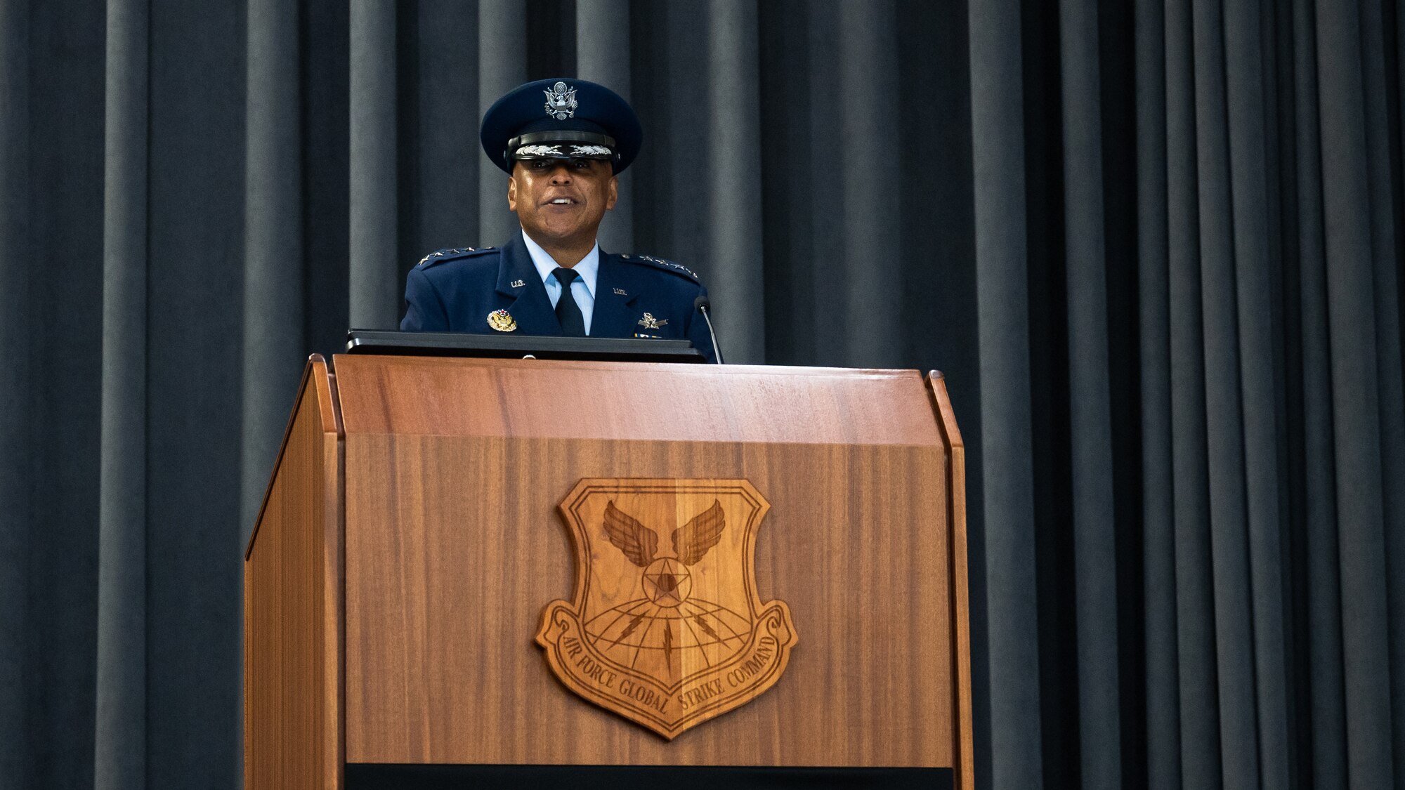 Gen. Anthony Cotton, incoming Air Force Global Strike Command commander, makes remarks during the AFGSC change of command ceremony at Barksdale Air Force Base, Louisiana, Aug. 27, 2021. Previously serving as AFGSC’s deputy commander, Cotton takes command of the 33,700 professionals who provide the nation with strategic deterrence, global strike and combat support anytime, anywhere. (U.S. Air Force photo by Senior Airman Jacob B. Wrightsman)