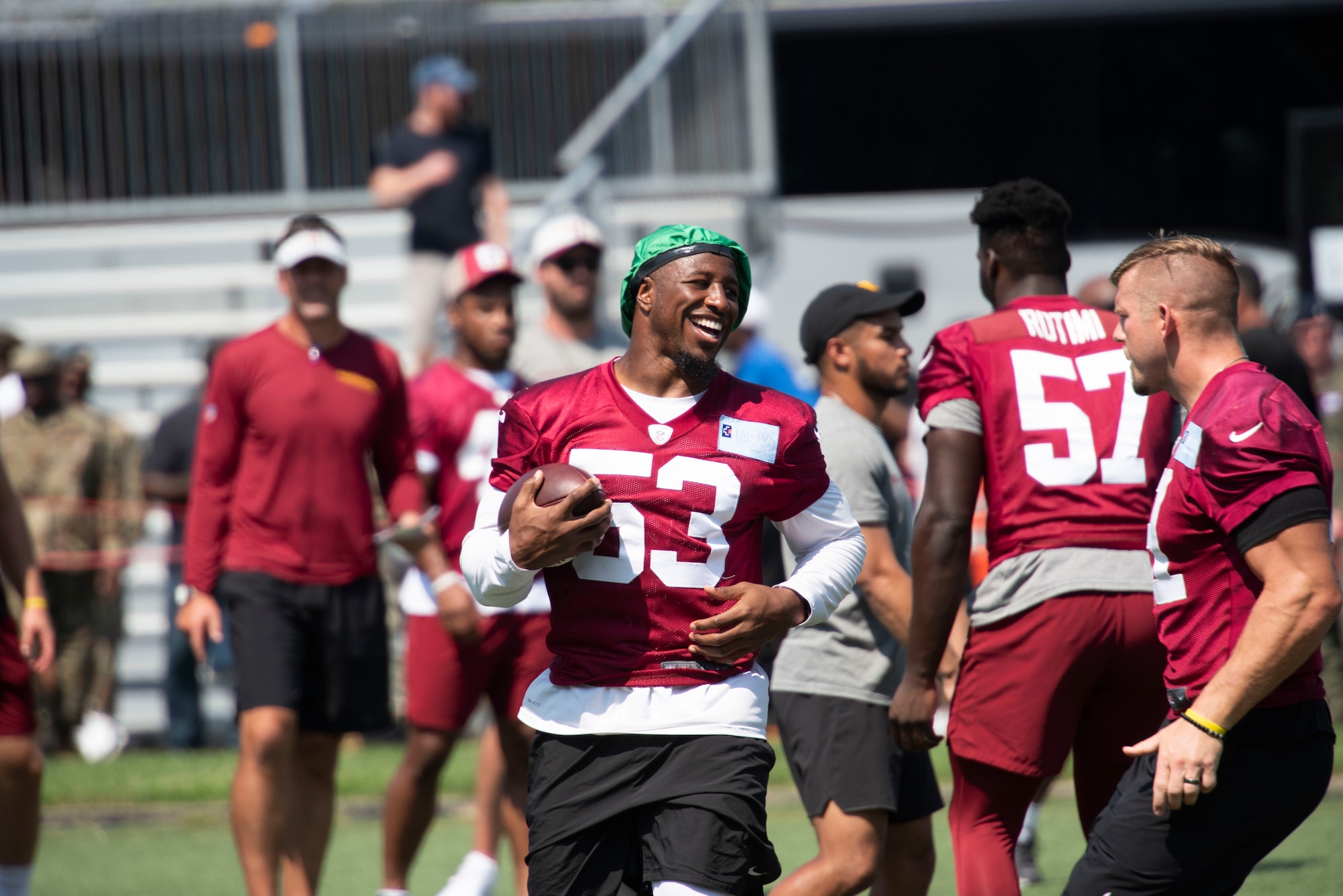 The Washington Football Team holds a preseason practice at the Tactical Fitness Center field, Aug. 27, 2021, Joint Base Andrews, Md.