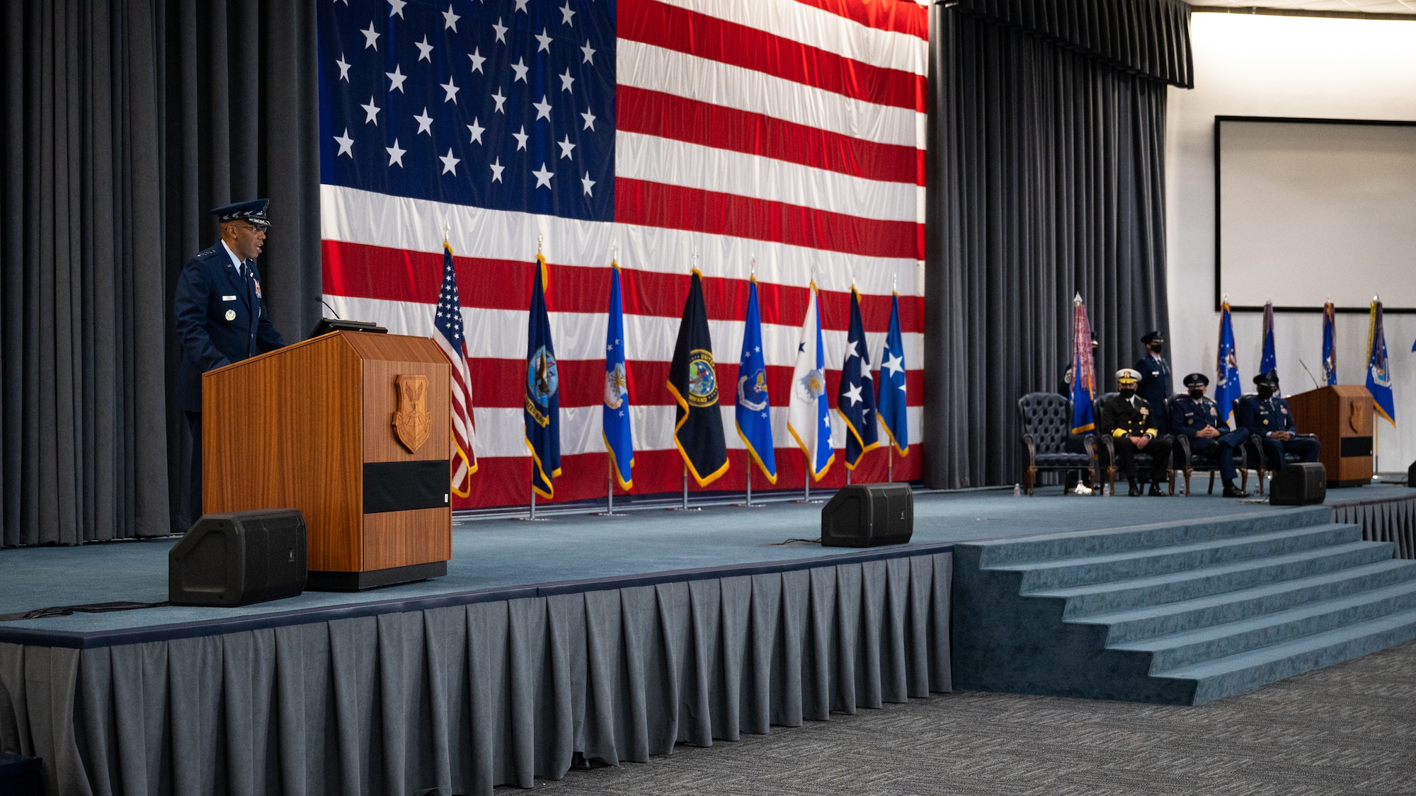 Air Force Chief of Staff Gen. CQ Brown, Jr., makes remarks during the Air Force Global Strike Command change of command ceremony at Barksdale Air Force Base, Louisiana, Aug. 27, 2021. The ceremony is a military tradition that represents a formal transfer of authority and responsibility for a unit from one commanding or flag officer to another. (U.S. Air Force photo by Senior Airman Jacob B. Wrightsman