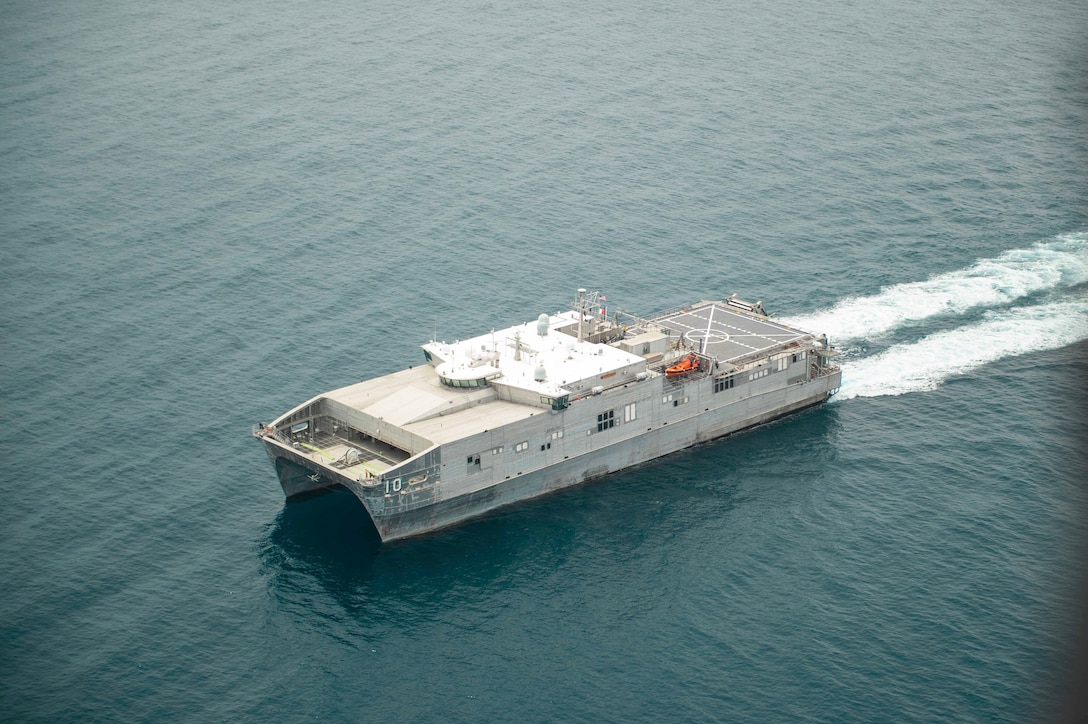 The Spearhead-class expeditionary fast transport ship USNS Burlington (T-EPF 10) operates off the coast of Haiti, Aug. 25, 2021.