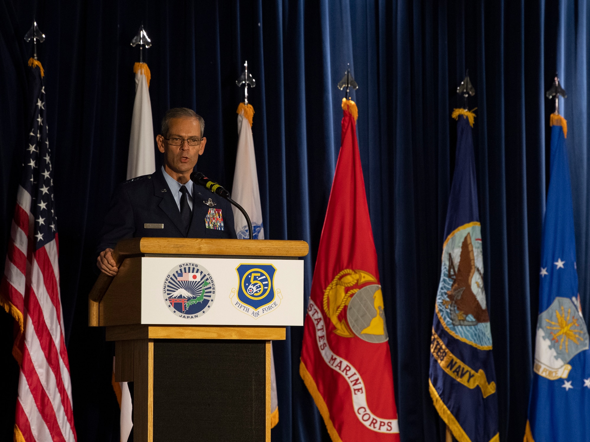 U.S. Air Force Gen. Ken S. Wilsbach, Pacific Air Forces commander, speaks during the U.S. Forces Japan and 5th Air Force change of command ceremony at Yokota Air Base, Japan, Aug. 27, 2021.