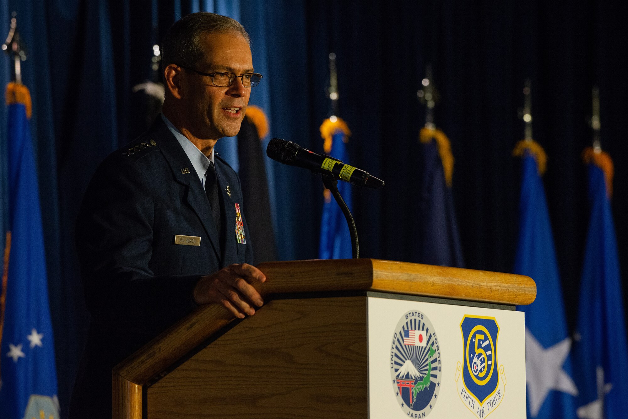 U.S. Air Force Gen. Ken S. Wilsbach, Pacific Air Forces commander, speaks during the U.S. Forces Japan and 5th Air Force change of command ceremony at Yokota Air Base, Japan, Aug. 27, 2021.