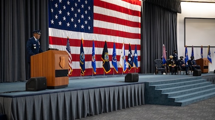 Air Force Chief of Staff Gen. CQ Brown, Jr., makes remarks during the Air Force Global Strike Command change of command ceremony at Barksdale Air Force Base, Louisiana, Aug. 27, 2021. The ceremony is a military tradition that represents a formal transfer of authority and responsibility for a unit from one commanding or flag officer to another. (U.S. Air Force photo by Senior Airman Jacob B. Wrightsman