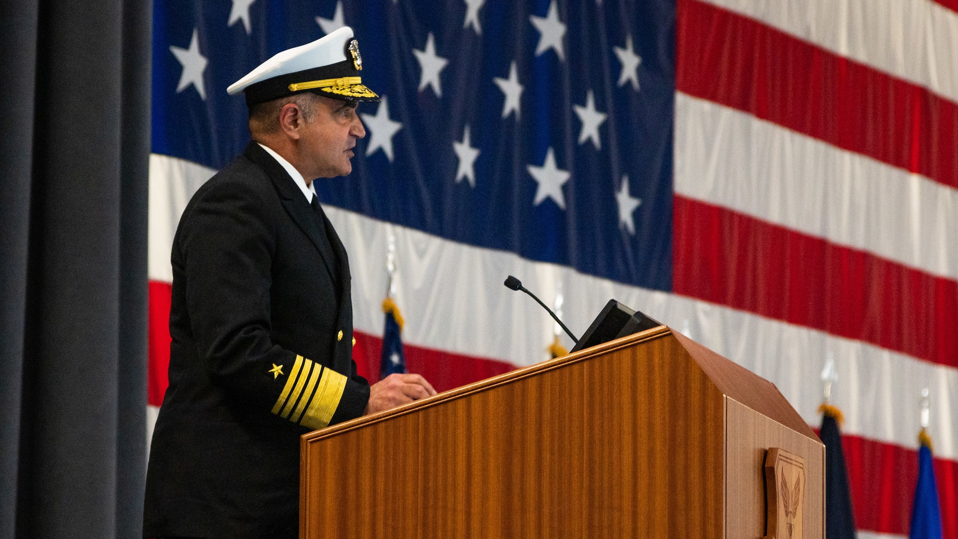 Adm. Charles Richard, U.S. Strategic Command commander, makes remarks at the Air Force Global Strike Command change of command ceremony at Barksdale Air Force Base, Louisiana, Aug. 27, 2021. As U.S. Strategic Command, deters strategic attack and employs forces, as directed, to guarantee the security of our nation and our allies. (U.S. Air Force photo by Airman 1st Class William Pugh)