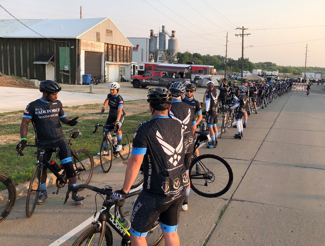 Members of the Air Force Cycling Team line up for one of the seven legs of the Register’s Annual Great Bicycle Race Across Iowa, July 25-31, 2021. RAGBRAI, as it’s commonly known, is the longest, largest and oldest recreational bicycle touring event in the world. Among the Air Force riders was Office of Special Investigations Special Agent Carlos Vargasgonzalez. (Photo by SA Carlos Vargasgonzalez)