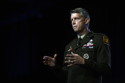 Army Gen. Daniel Hokanson, chief, National Guard Bureau, addresses attendees at the 143rd National Guard Association of the United States General Conference, Las Vegas, Nevada, Aug. 29, 2021.