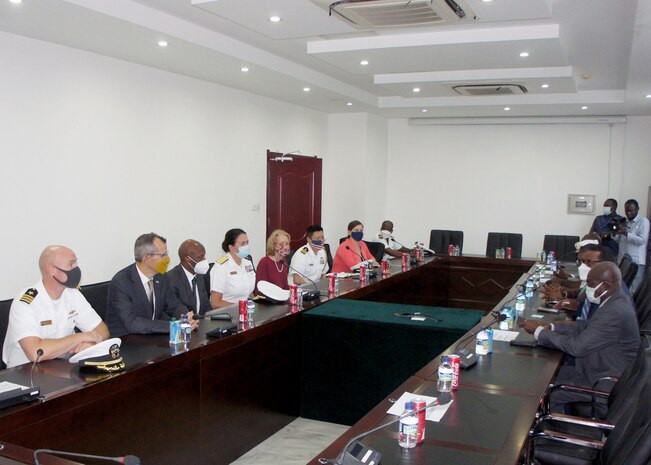 Rear Adm. Nancy Lacore, Chief of Staff, U.S. Naval Forces Europe and Africa and U.S. Sixth Fleet and Mark A. Schapiro, Foreign Policy Advisor, U.S. Naval Forces Europe-Africa meet with government and community leaders of Bata, Equatorial Guinea, Aug. 25, 2021. U.S. Sixth Fleet, headquartered in Naples, Italy, conducts the full spectrum of joint and naval operations, often in concert with allied and interagency partners, in order to advance U.S. national interests and security and stability in Europe and Africa.