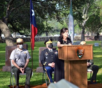Luci Baines Johnson Turpin thanks guests for honoring her father, the late former President Lyndon B. Johnson, during the 113th anniversary of his birth Aug. 27 at the Johnson Family Cemetery at Stonewall, Texas.