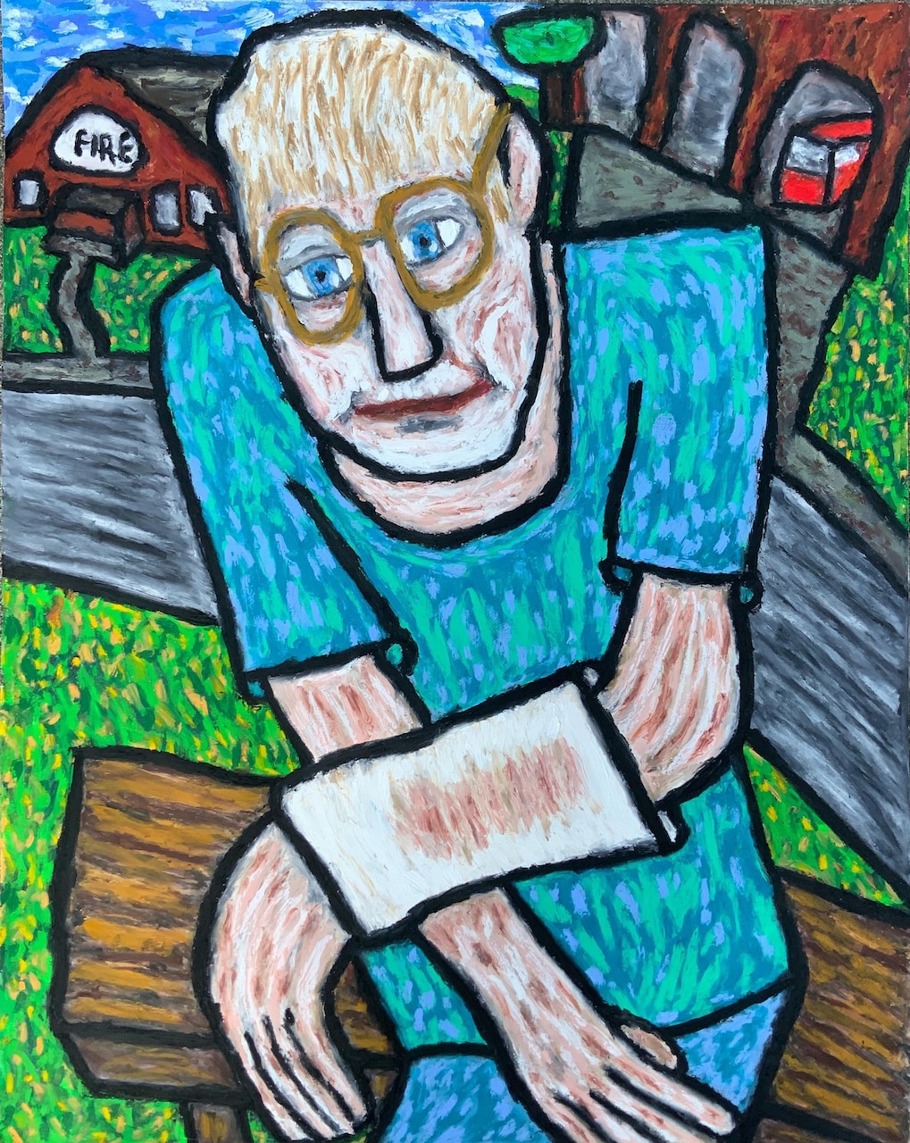 A painting of a person with an injured arm sitting on a bench.
