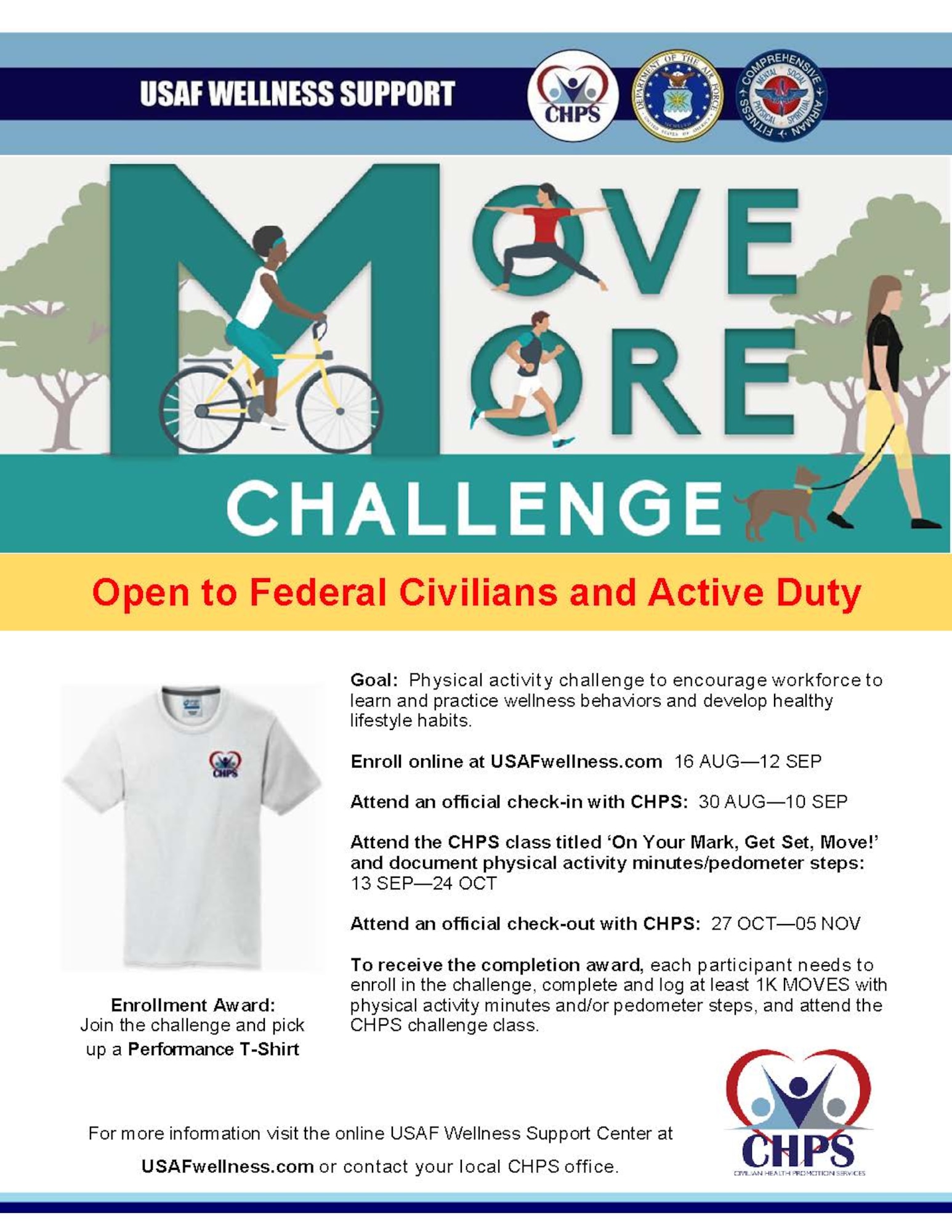 Civilian Health Promotion Services will host a "Move More" physical activity challenge for active duty service members and  federal civilians at Hanscom Air Force Base, Mass., throughout September and October. (U.S. Air Force graphic by the Air Force Materiel Command Health & Wellness Team)