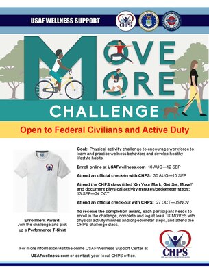 Civilian Health Promotion Services will host a "Move More" physical activity challenge for active duty service members and  federal civilians at Hanscom Air Force Base, Mass., throughout September and October. (U.S. Air Force graphic by the Air Force Materiel Command Health & Wellness Team)