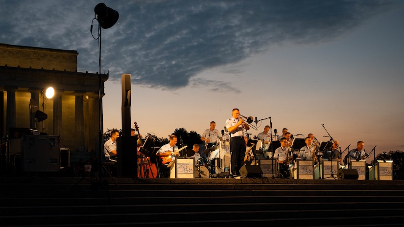 The United States Air Force Band’s Airmen of Note performs at the Lincoln Memorial