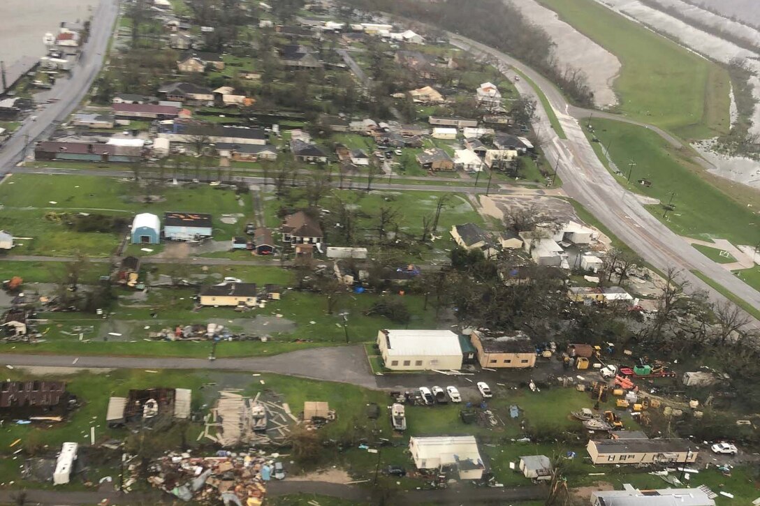 An aerial view shows the aftermath of a hurricane.