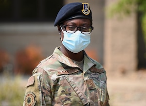 Airman 1st Class Nadine Blackwood, 9th Security Forces Squadron installation entry controller, poses for a photo Aug.27, 2021, at Beale Air Force Base, California.