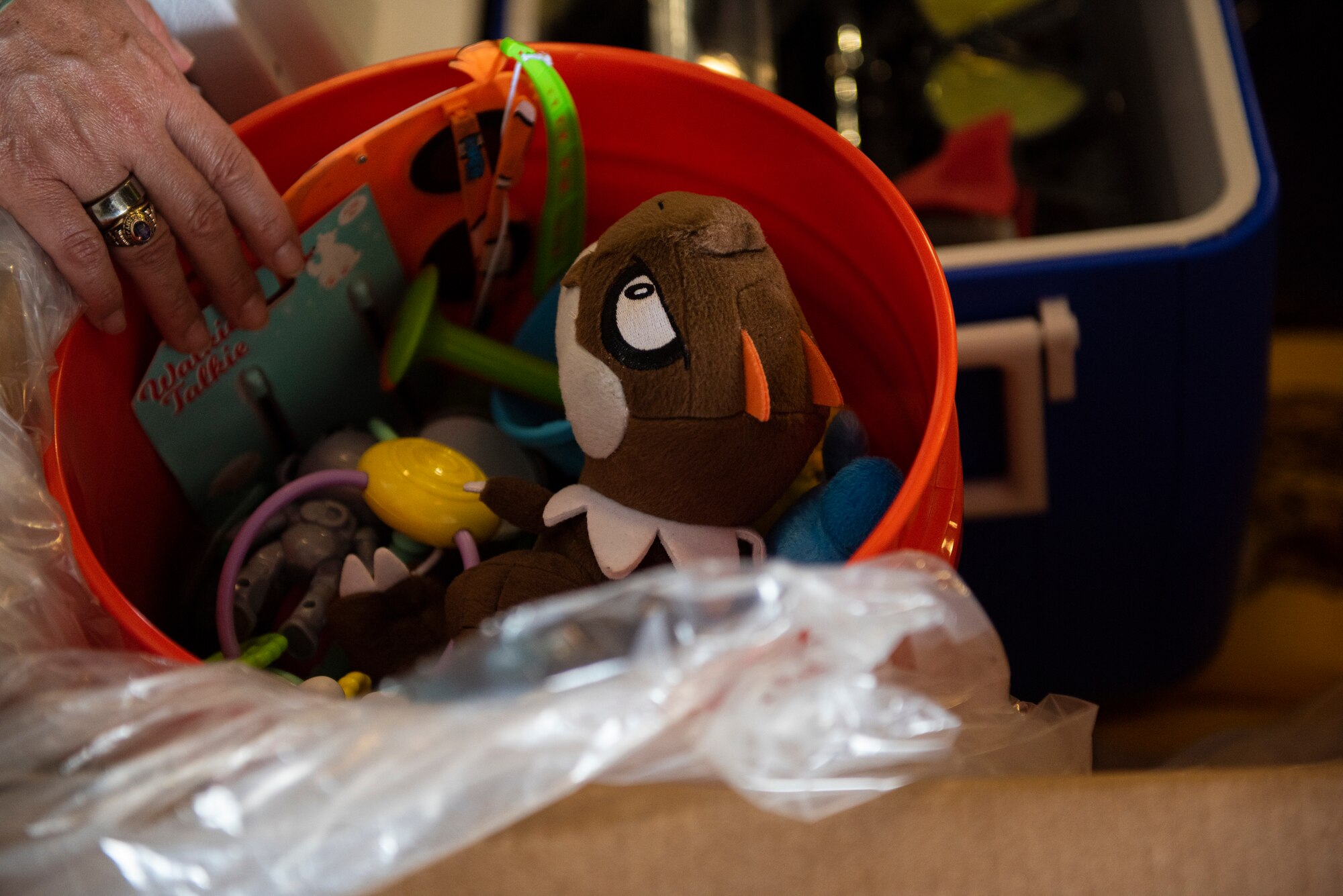 Toys, tools and non-perishable foods are shown in a Operation Christmas Drop bundle package during Chief Master Sergeant of the Air Force JoAnne S. Bass’ visit to Andersen Air Force Base, Guam, Aug. 27, 2021.