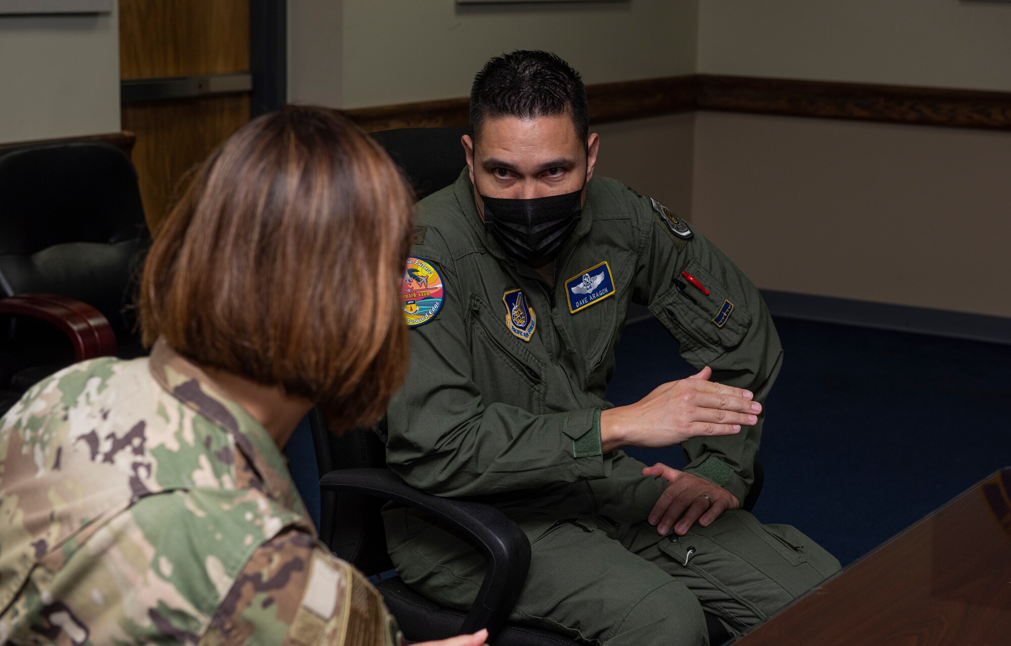 Chief Master Sergeant of the Air Force JoAnne S. Bass talks with U.S. Air Force Col. David Aragon, the 36th Wing vice commander 36th Wing, at Andersen Air Force Base, Guam, Aug. 27, 2021.