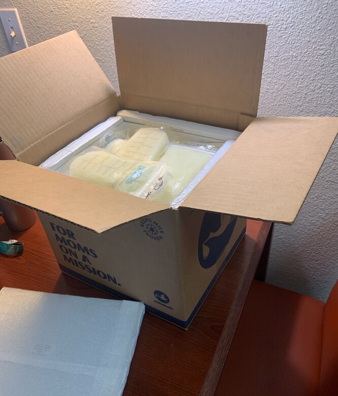 A package containing frozen breast milk from U.S. Space Force Capt. Charlene Kabuanseya, 747th Communications Squadron cyber defense flight commander, for her 5-month-old child, Leo, sits on a desktop in a hotel during her 45-day TDY at Little Rock Air Force Base, Ark., July, 6, 2021. The overnight shipments cost Kabuanseya nearly $800 during her TDY. Still, she received reimbursement with her commander's approval, making it one of the first instances for a service member in the Department of Defense. (Courtesy photo)