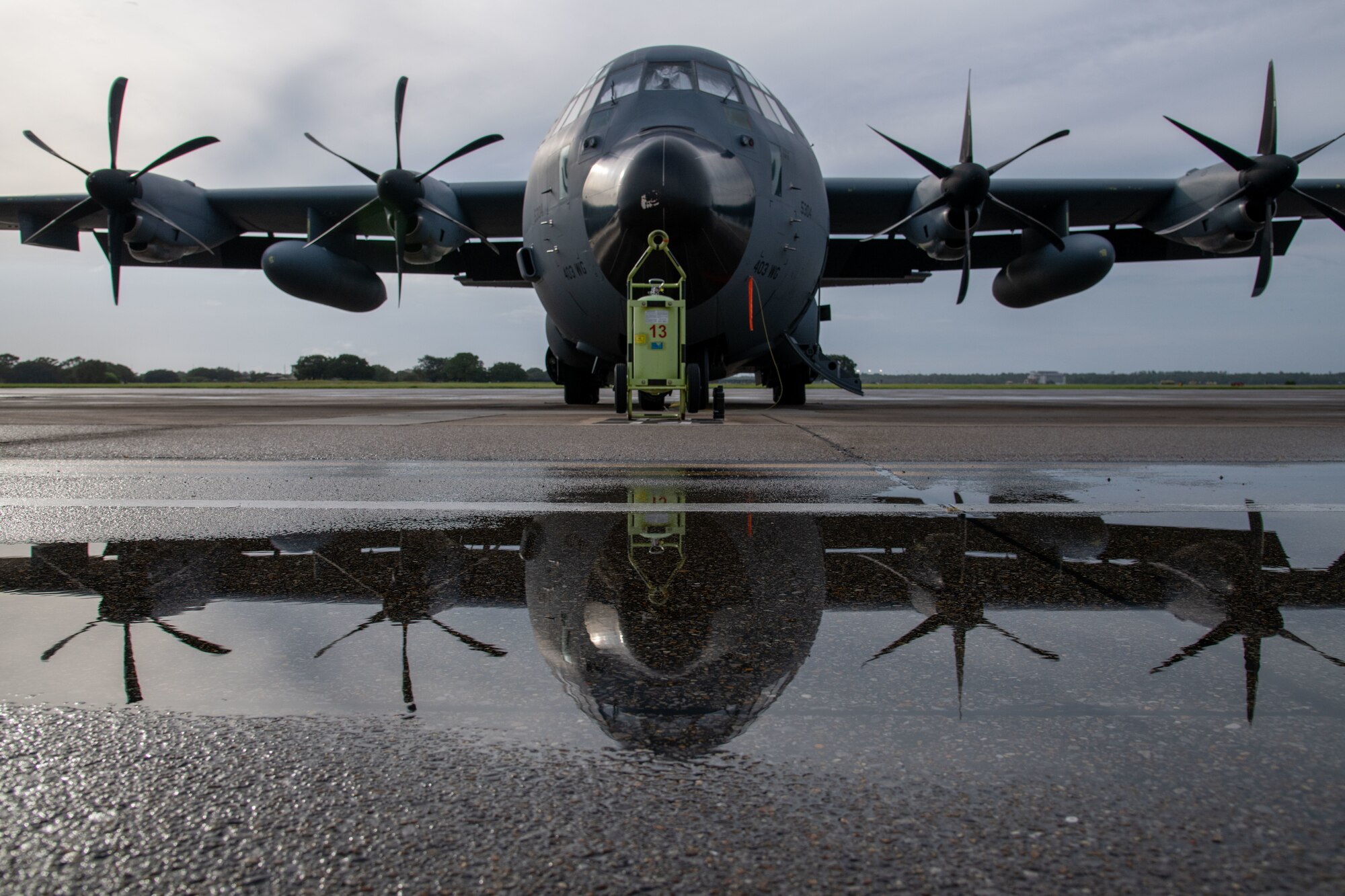 A WC-130J Super Hercules aircraft assigned to the 53rd Weather Reconnaissance Squadron at Keesler Air Force Base, Miss., sits on the flight line Aug. 27, 2021. The 53rd WRS flies reconnaissance missions into tropical systems to collect data the National Hurricane Center uses for forecasting. (U.S. Air Force photo by Staff Sgt. Kristen Pittman)