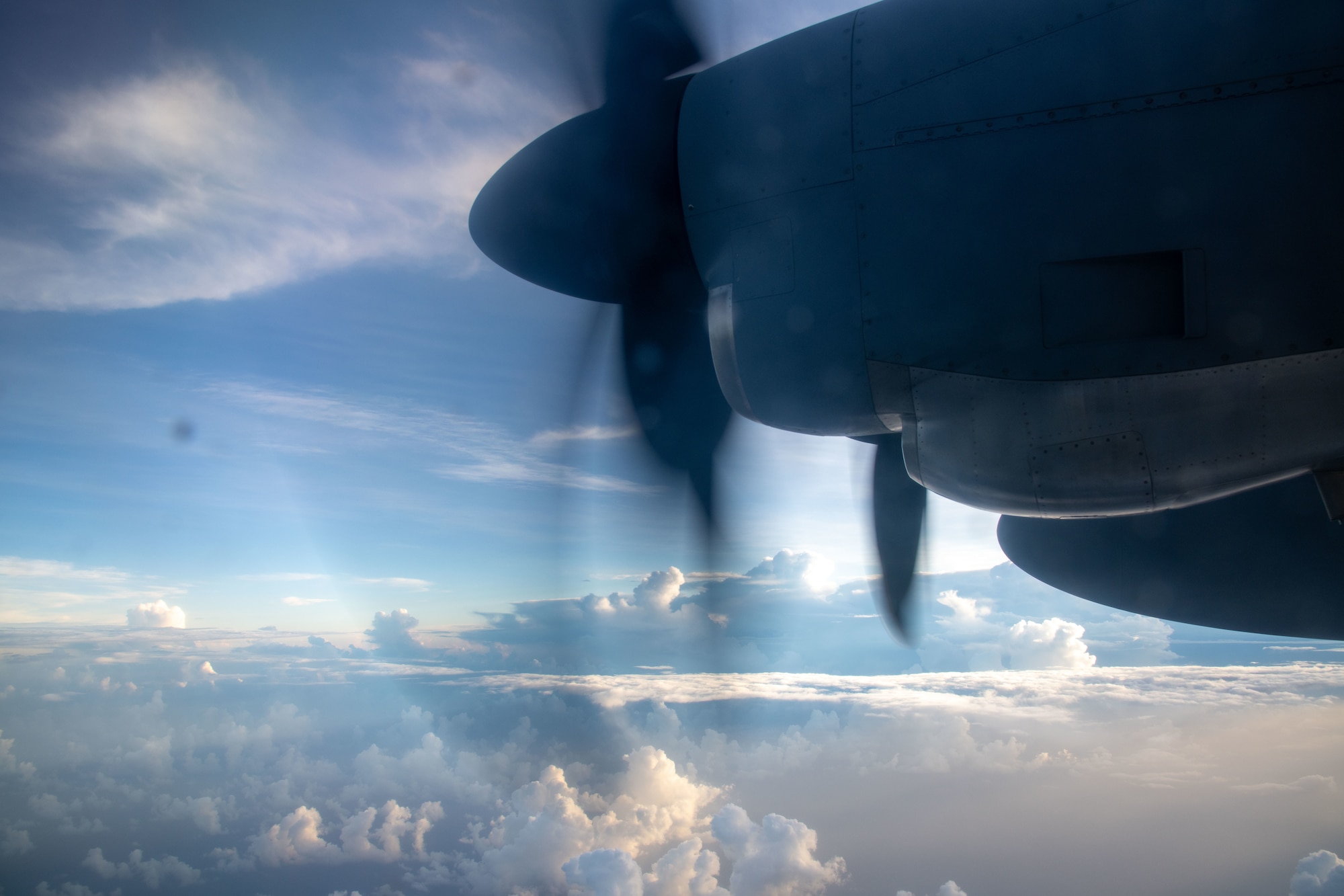A WC-130J Super Hercules aircraft assigned to the 53rd Weather Reconnaissance Squadron at Keesler Air Force Base, Miss., approaches the outskirts of Hurricane Ida Aug. 27, 2021. The squadron flies into tropical systems to collect atmospheric data for forecasting purposes and is the only one of its kind in the Department of Defense. (U.S. Air Force photo by Staff Sgt. Kristen Pittman)