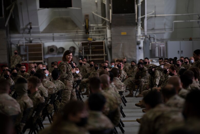 Chief Master Sgt. of the Air Force JoAnne S. Bass hosts an all-call for Airmen assigned to the 36th Wing at Andersen Air Force Base, Guam, Aug. 27, 2021. Bass shared her vision of what the Air Force will look like in the coming years, and listened to 36th Wing Airmen's thoughts on the future force in the Indo-Pacific. Bass received briefs on Andersen AFB's unique mission sets that contribute to a free and open Indo-Pacific.