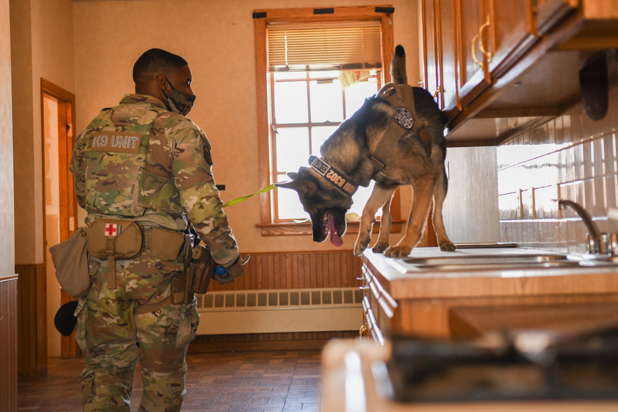 Staff Sgt. Trenton Clark, military working dog handler assigned to the 90th Security Forces Squadron, conducts certification with his MWD at F.E. Warren Air Force Base, Wyoming, Aug. 25, 2021. Certification is where a commander observes the handler and MWD identifying explosives through a simulated environment in order to certify that the team is capable of performing duties. The process is designed for the commander to instill trust in the MWD team. (U.S. Air Force photo by Airman 1st Class Charles Munoz)