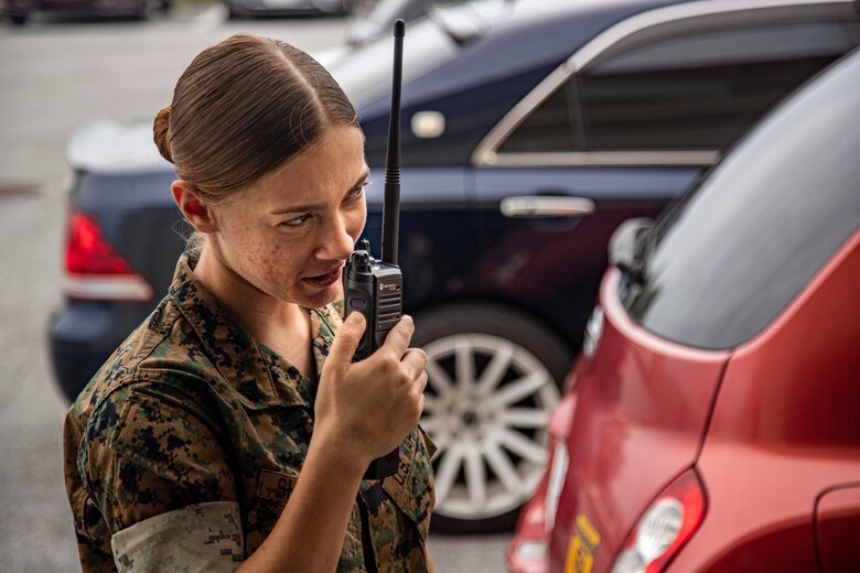 U.S. Marine Corps Cpl. Madison Shoemaker, a transmission system operator with G-6 communications, Headquarters and Support Battalion, conducts a radio check on Camp Foster, Okinawa, Japan, Aug. 18, 2021. Radio maintenance Marines ensure Marine Corps Installations Pacific first responders, and base dispatches consistently have working communication equipment throughout Okinawa by repairing or programming radios, and managing radio data. Shoemaker is a native of Saint Cloud, Florida. (U.S. Marine Corps photo by Lance Cpl. Jonathan A. Beauchamp)