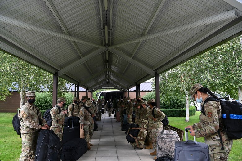 U.S. Air Force Airmen from the 48th Medical Group prepare to out process for deployment at Royal Air Force Mildenhall, England, Aug. 23, 2021 Operation Allies Refuge is a total force effort including U.S. personnel, local communities and host nation governments assisting in and enabling one of the largest airlift operations to date.