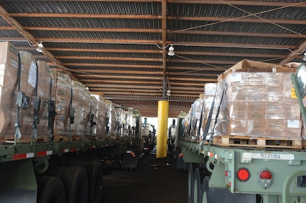 The Louisiana National Guard prepares to distribute supplies to victims of Hurricane Ida in south Louisiana. More than 5,000 members of the Louisiana Guard were assisting with relief effforts.