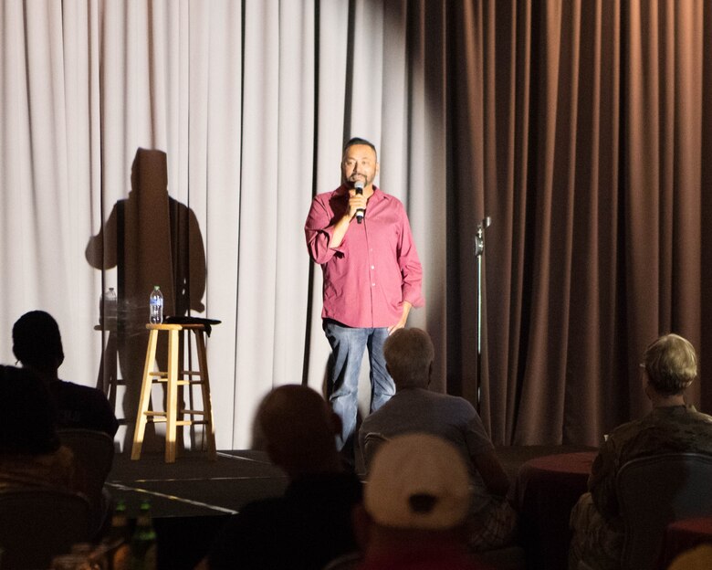 Dennis Gaxiola, a stand-up comedian, performs at The Landings on Dover Air Force Base, Delaware, Aug. 27, 2021. Gaxiola, an Air Force veteran, is currently on tour and scheduled to perform at 22 Air Force bases. (U.S. Air Force photo by Mauricio Campino)