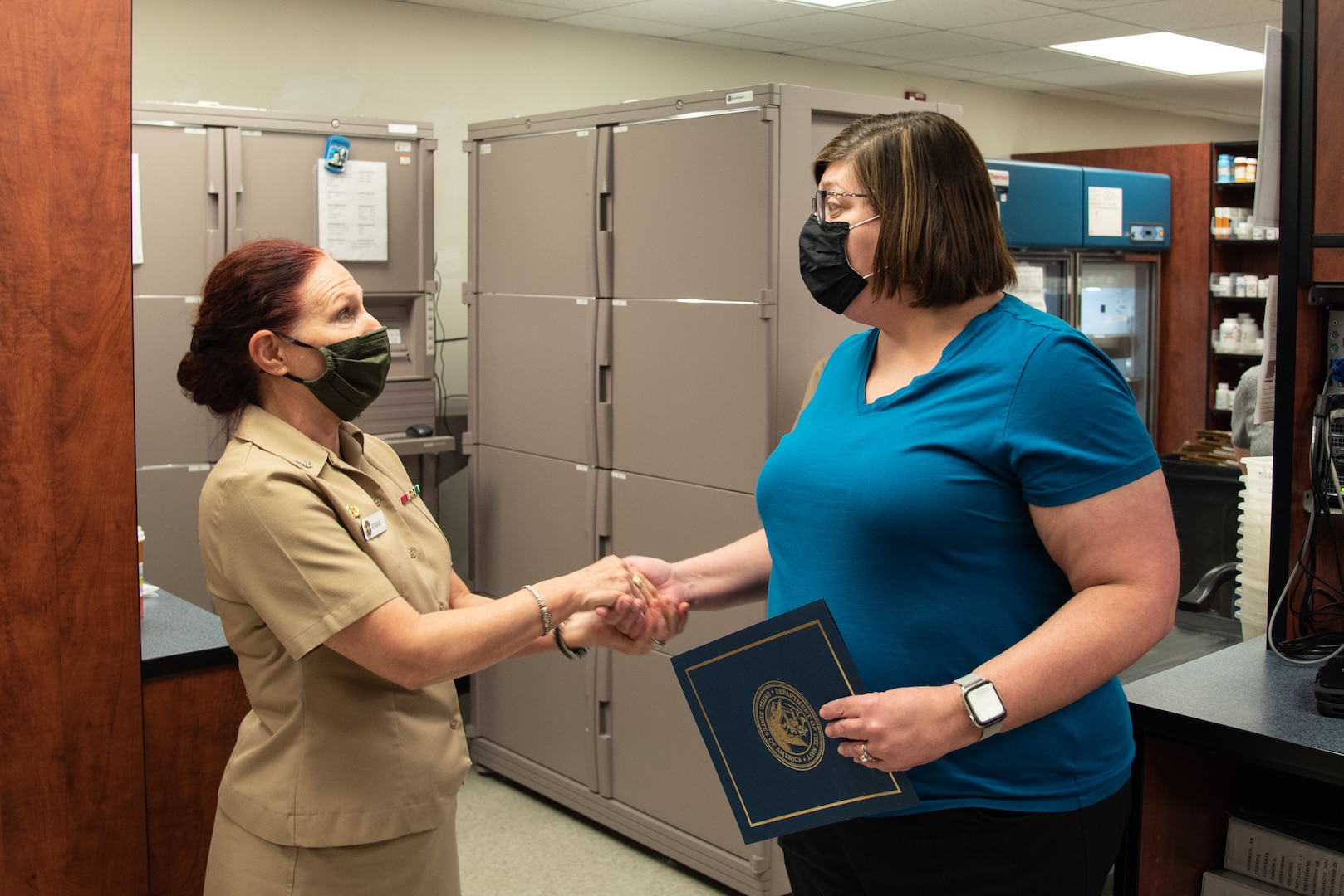 Leadership at Naval Health Cherry Point recognized two staff members Friday, August 27 for their excellent performance and contributions to patient safety while serving aboard Marine Corps Air Station Cherry Point.

Dr. Toyna Andrews, a member of the clinic’s Pharmacy Staff was presented a certificate and coin from Navy Capt. Elizabeth Adriano, the clinic’s commander.