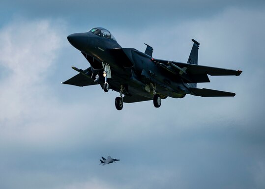 F-15E Strike Eagles from the 335th Fighter Squadron prepare to land at Seymour Johnson Air Force Base, North Carolina, Aug. 9, 2021.