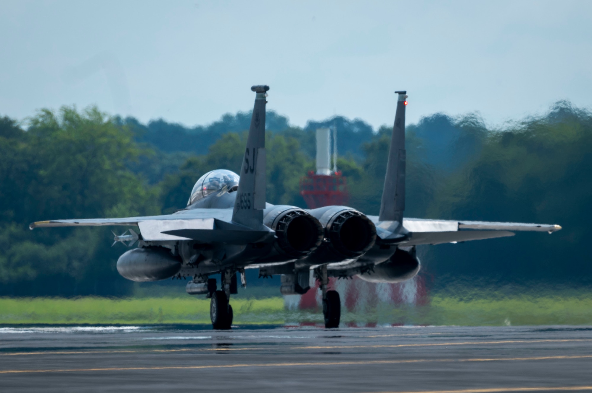 An F-15E Strike Eagle from the 335th Fighter Squadron prepares to take off at Seymour Johnson Air Force Base, North Carolina, Aug. 9, 2021.