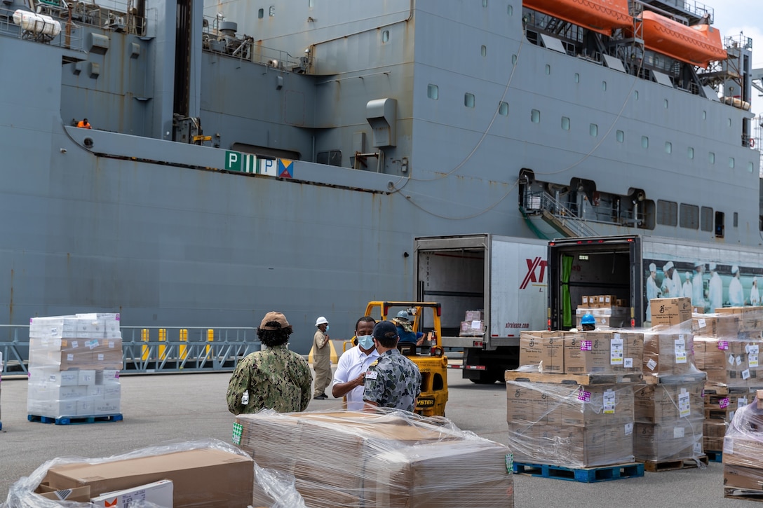U.S. Naval Supply Systems Command Fleet Logistics Center and  partners at Naval Station Mayport to load provisions and supplies aboard USNS Medgar Evers (T-AKE-13) in support of Joint Task Force-Haiti relief efforts.