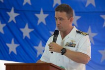 U.S. Navy Cmdr. Keith F. Klosterman, commanding officer of Naval Aviation Training Support Group (NATSG) at Marine Corps Air Station New River, gives his remarks during the NATSG change of command ceremony on MCAS New River, Aug. 19, 2021.