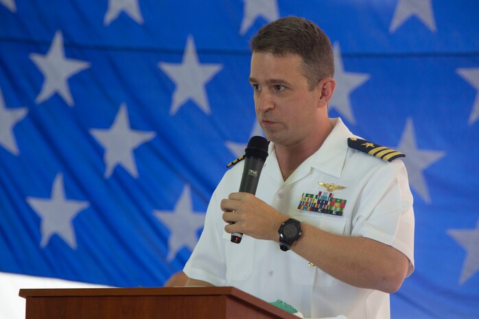 U.S. Navy Cmdr. Keith F. Klosterman, commanding officer of Naval Aviation Training Support Group (NATSG) at Marine Corps Air Station New River, gives his remarks during the NATSG change of command ceremony on MCAS New River, Aug. 19, 2021.