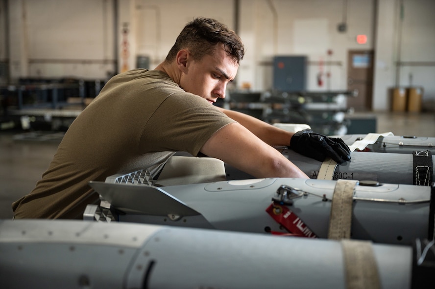 Airman 1st Class Erik Hite, 2nd Munitions Squadron conventional maintenance technician, prepares ADM-160 MALD missiles for transportation at Barksdale Air Force Base, Louisiana, Aug. 24, 2021.