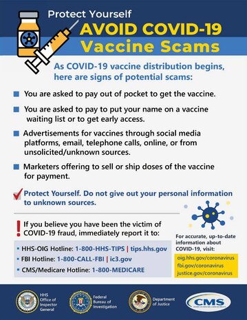 If you suspect COVID-19 health care fraud, report it immediately online or call 800-HHS-TIPS (800-447-8477).