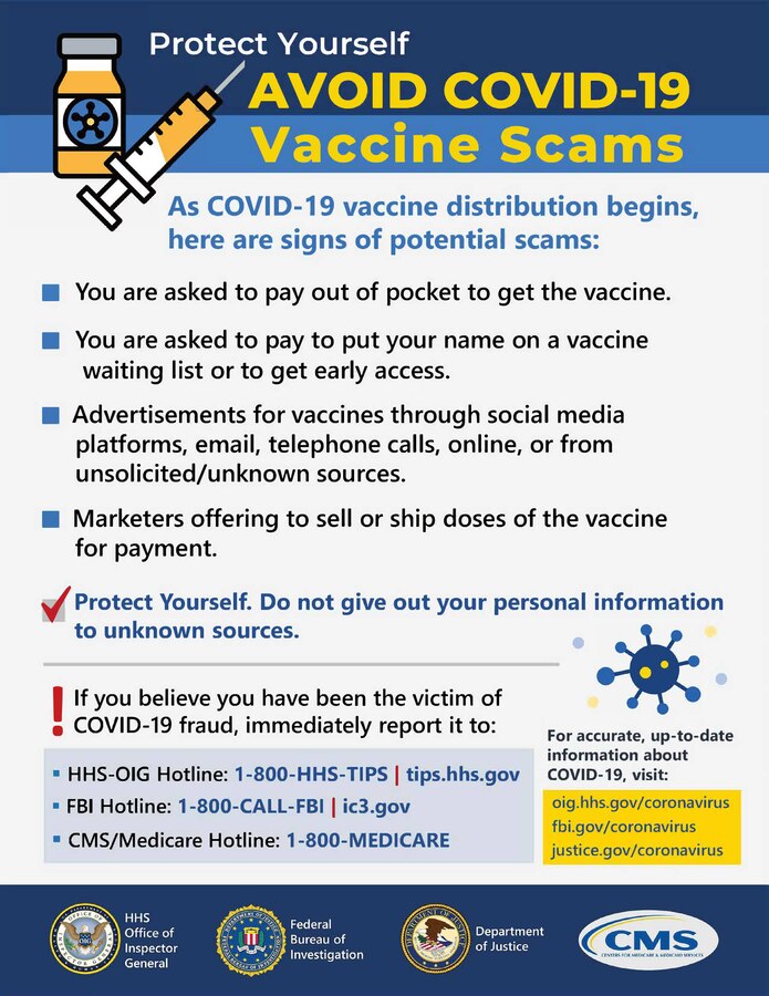 If you suspect COVID-19 health care fraud, report it immediately online or call 800-HHS-TIPS (800-447-8477).